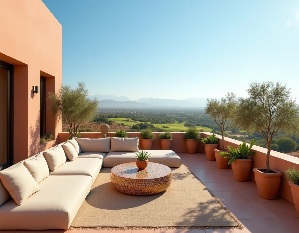 Terrasse rooftop de villa avec vue panoramique sur le golf d'Amelkis à Marrakech, mobilier design et décoration marocaine