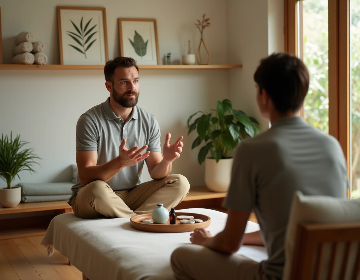 Thérapeute en guérison expliquant un programme de bien-être à un client dans une salle de consultation privée