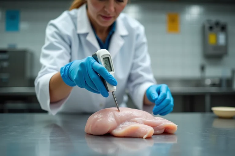 Professionnelle en blouse blanche insérant un thermomètre détectable bleu dans une volaille crue sur un plan de travail en inox dans une cuisine professionnelle