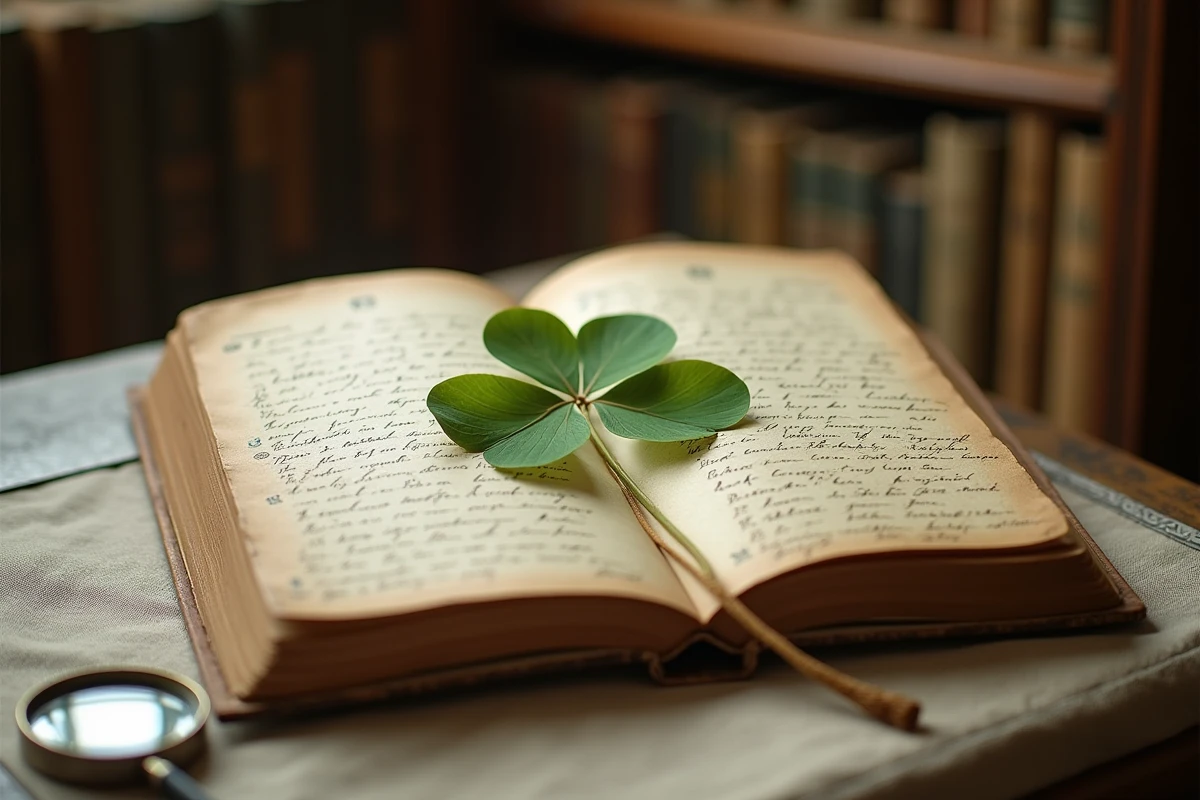 Five-leaf clover dried in an old botanical notebook with handwritten notes and a magnifying glass