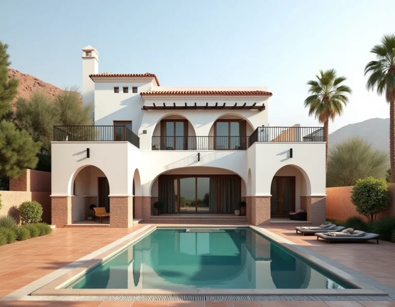 Villa de luxe moderne avec piscine privée dans le domaine d'Amelkis à Marrakech, entourée de palmiers avec vue sur l'Atlas