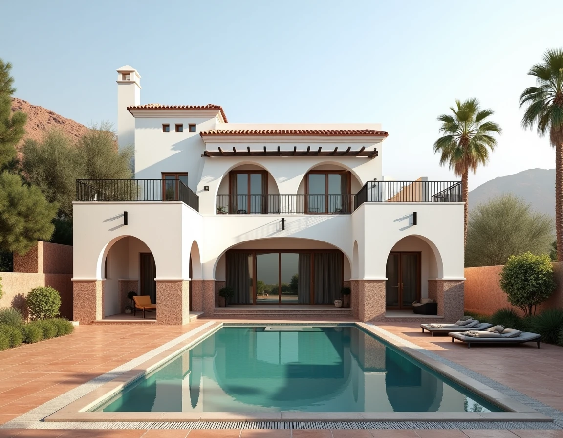 Villa de luxe moderne avec piscine privée dans le domaine d'Amelkis à Marrakech, entourée de palmiers avec vue sur l'Atlas